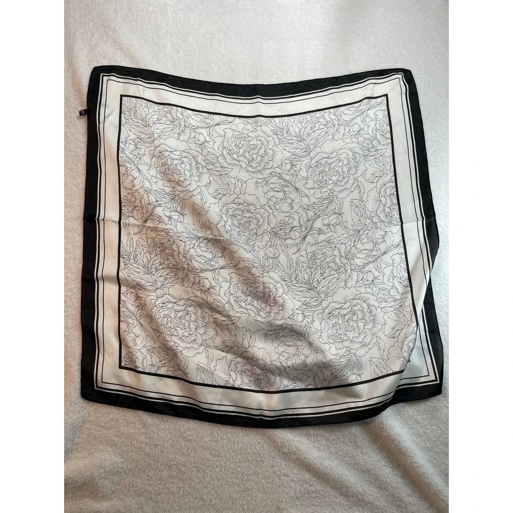 Black and White Peony Floral Square Scarf Line Art Print Striped Border 34x34